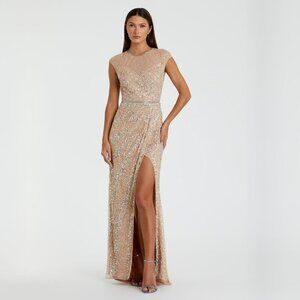 NWT Mac Duggal Embellished Illusion High Neck Cap Sleeve Gown 16 Nude #8217